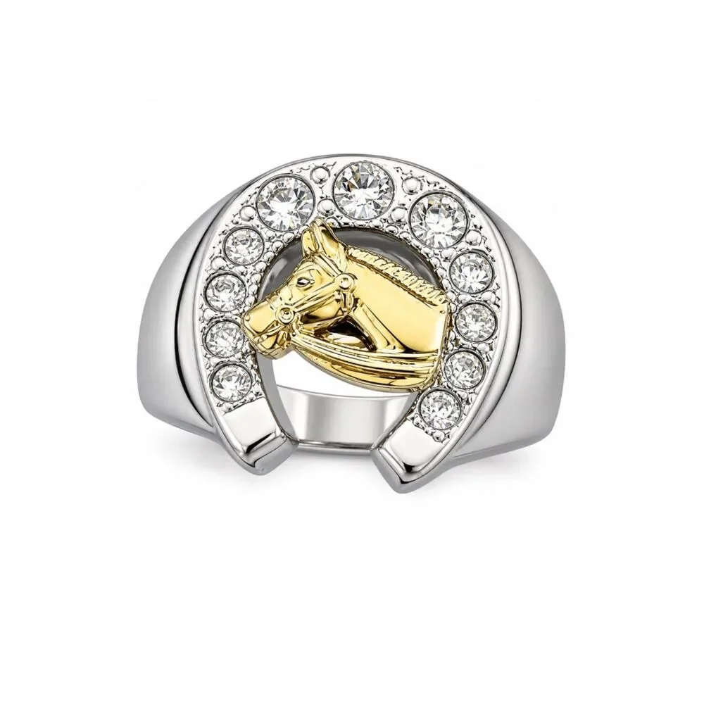 Vintage 1980s Ring Size 7 Horseshoe Horse CZ Two Tone Gold Plated - 14P